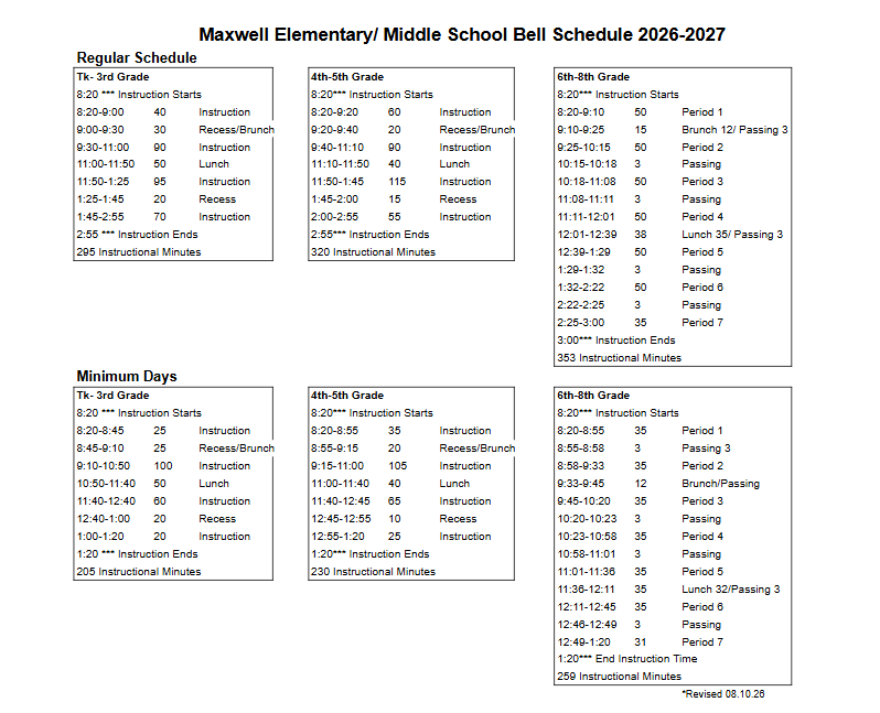 Maxwell Elementary and Middle School Bell Schedule 