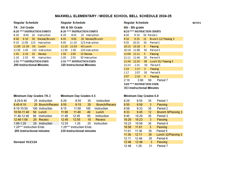 Maxwell Elementary and Middle School Bell Schedule 