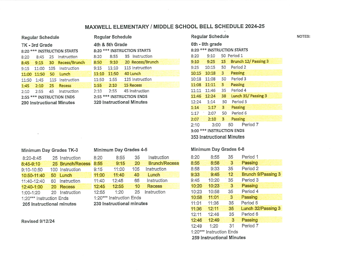 Maxwell Elementary and Middle School Bell Schedule 