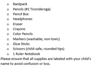 Classroom Supply List for 2nd Grade Miss Wilson